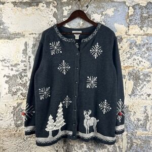 CJ Banks Christmas Sweater Cardigan Snowflake Deer Trees Hand Embroidered 3X